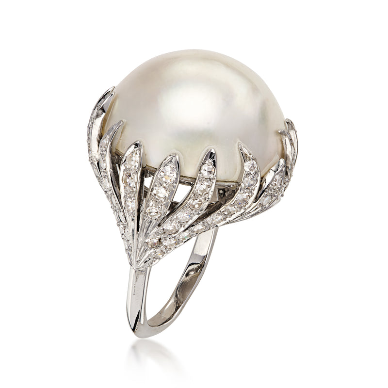 C. 1990 Vintage 20mm Cultured Mabe Pearl Ring with 2.00 ct. t.w. Diamonds in 14kt White Gold. Size 6.25