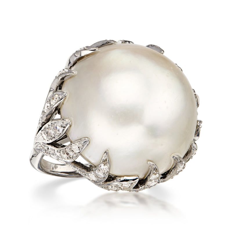 C. 1990 Vintage 20mm Cultured Mabe Pearl Ring with 2.00 ct. t.w. Diamonds in 14kt White Gold. Size 6.25