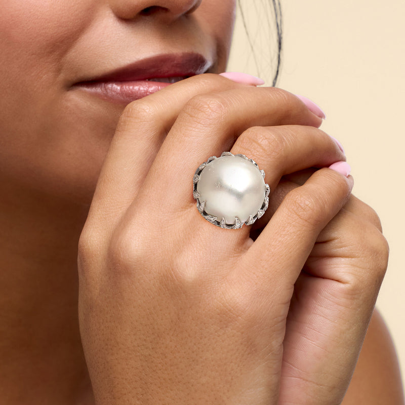 C. 1990 Vintage 20mm Cultured Mabe Pearl Ring with 2.00 ct. t.w. Diamonds in 14kt White Gold. Size 6.25