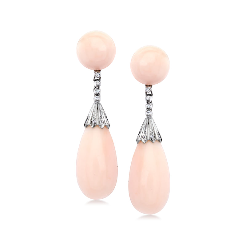 C. 1980 Vintage Pink Coral Drop Earrings with .36 ct. t.w. Diamonds in 18kt White Gold