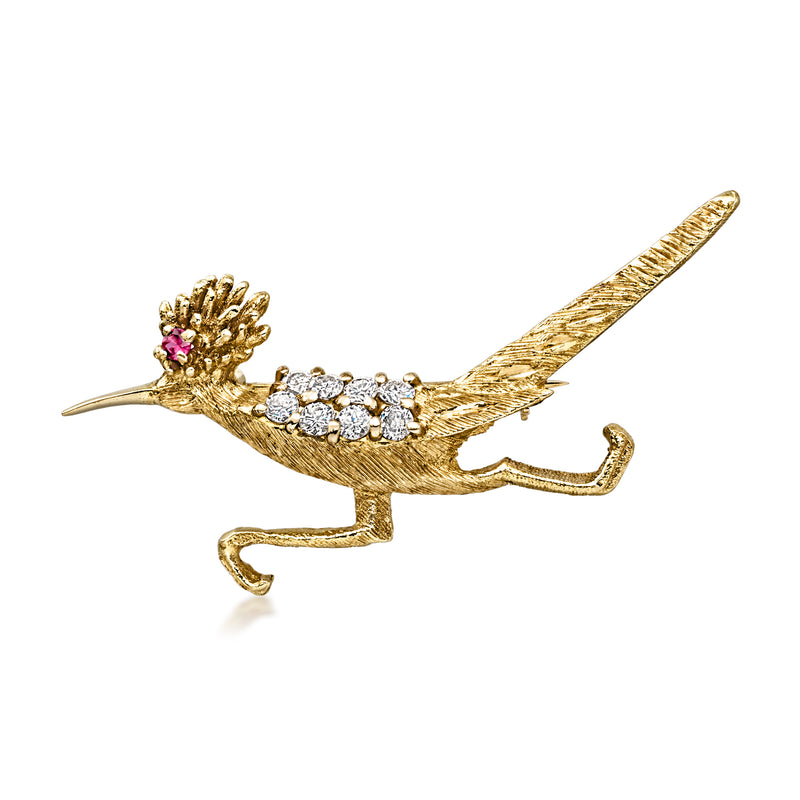 C. 1970 Vintage .40 ct. t.w. Diamond Bird Pin with Single Ruby in 15kt Yellow Gold