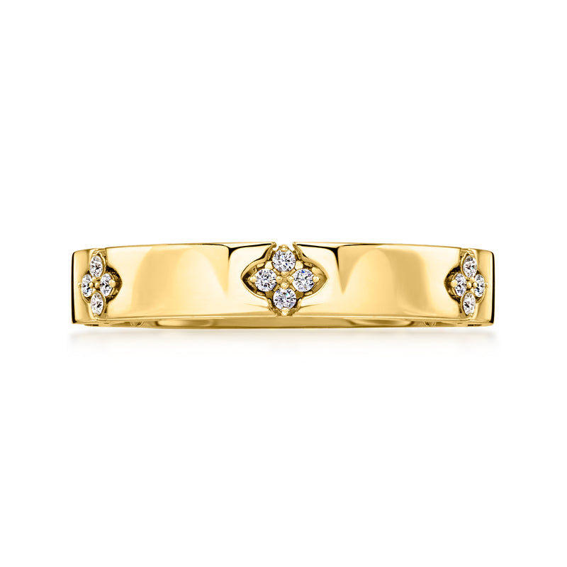18kt yellow gold diamond ring with three round diamond clusters on raised band