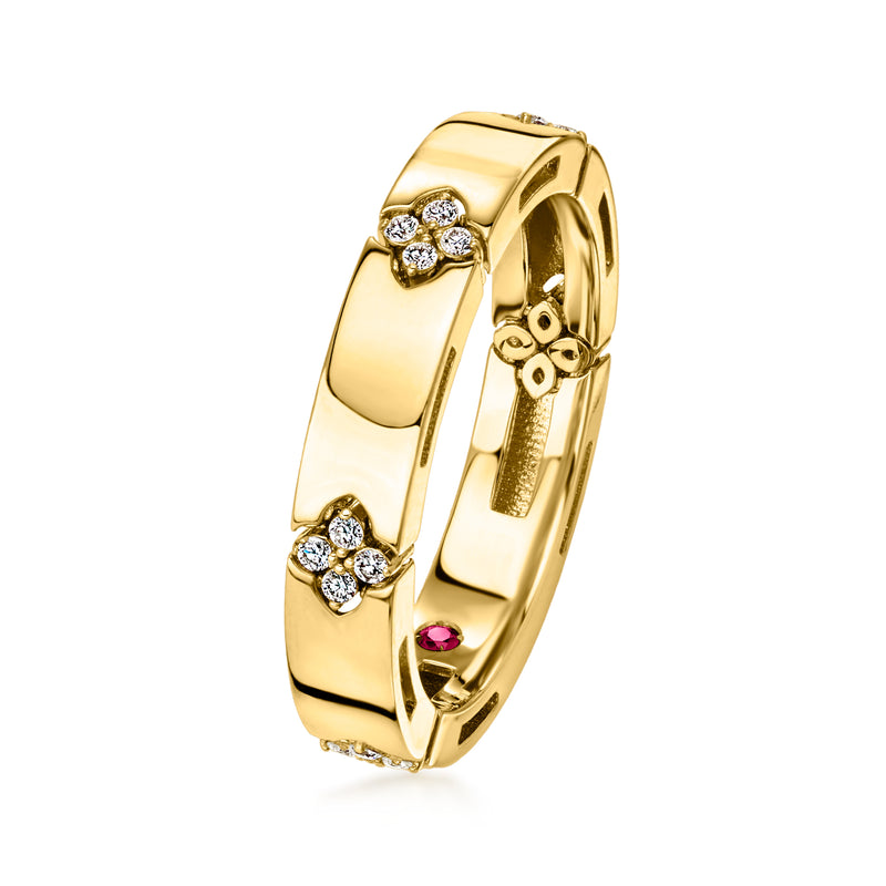 18kt yellow gold diamond ring side view with round diamond accents