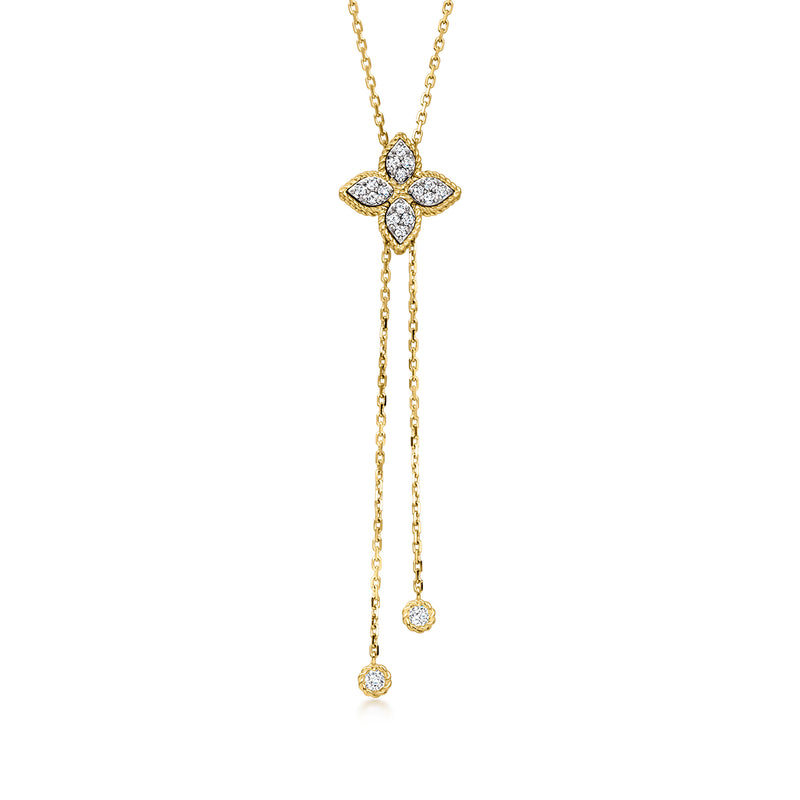 Two-tone gold lariat necklace with flower diamond pendant and three dangling stones