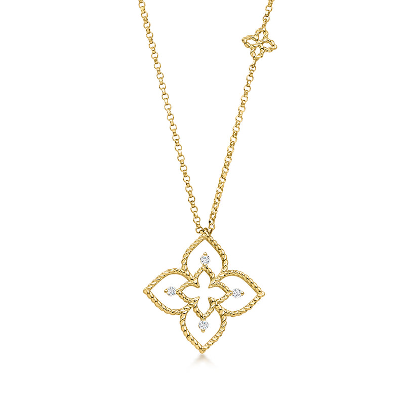 18kt yellow gold diamond flower pendant necklace with delicate chain