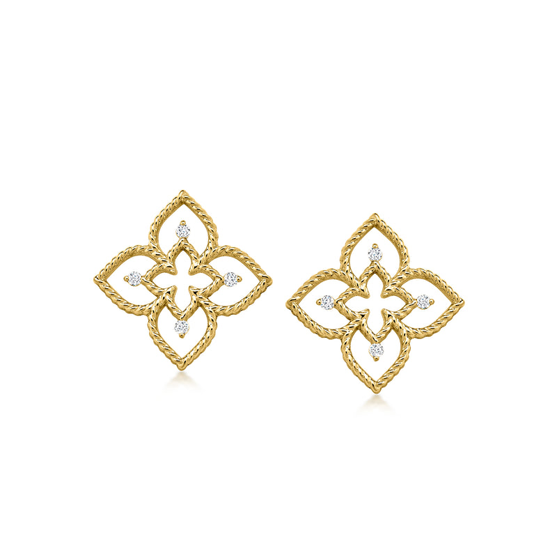 18kt yellow gold diamond flower post earrings with four-leaf clover motif