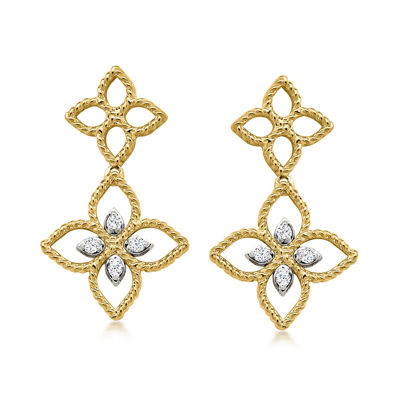 Two-tone gold diamond drop earrings with four-petal floral cluster and teardrop stones