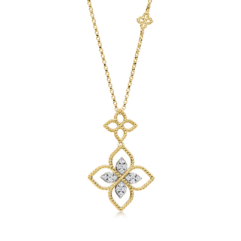 18kt two-tone gold necklace with diamond flower pendant and bow-like accents