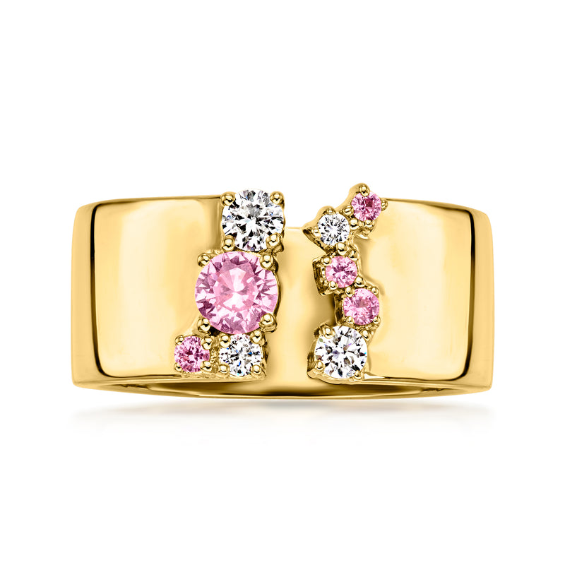 Gold over sterling open-space ring with pink sapphire center and diamond accents