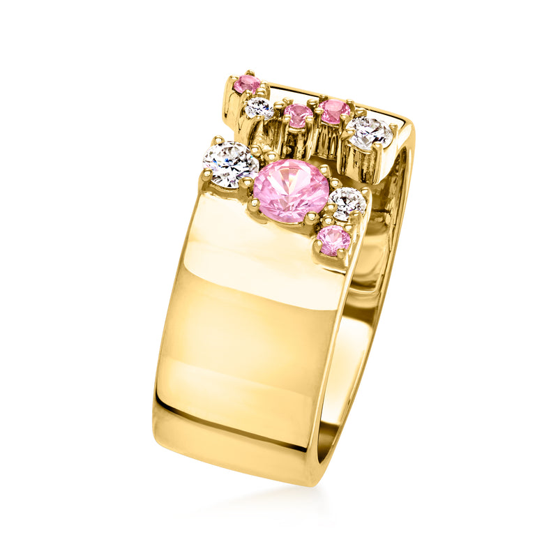 Gold open-space ring angled view with pink oval center and small pink stone accents