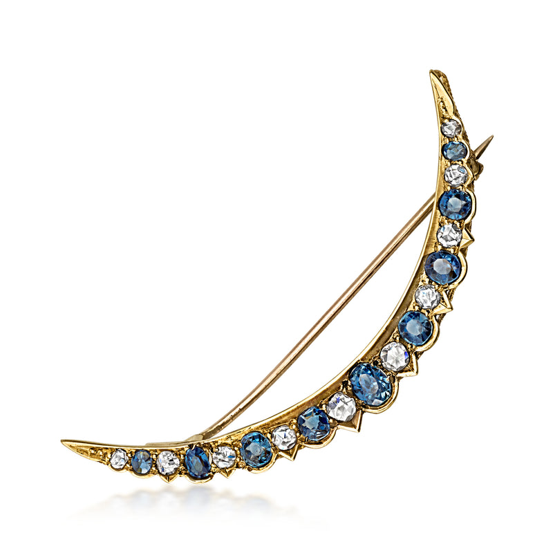 C. 1930 Vintage 1.85 ct. t.w. Sapphire and .55 ct. t.w. Diamond Crescent Pin in 15kt Yellow Gold