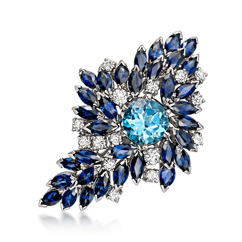 C. 1980 Vintage 1.85 Carat Swiss Blue Topaz and 5.10 ct. t.w. Sapphire Cluster Pin with .85 ct. t.w. Diamonds in 18kt White Gold