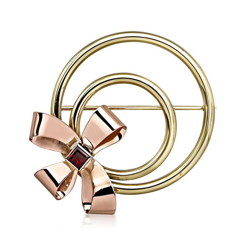 C. 1950 Vintage .50 Carat Garnet Circle and Bow Pin in 14kt Two-Tone Gold