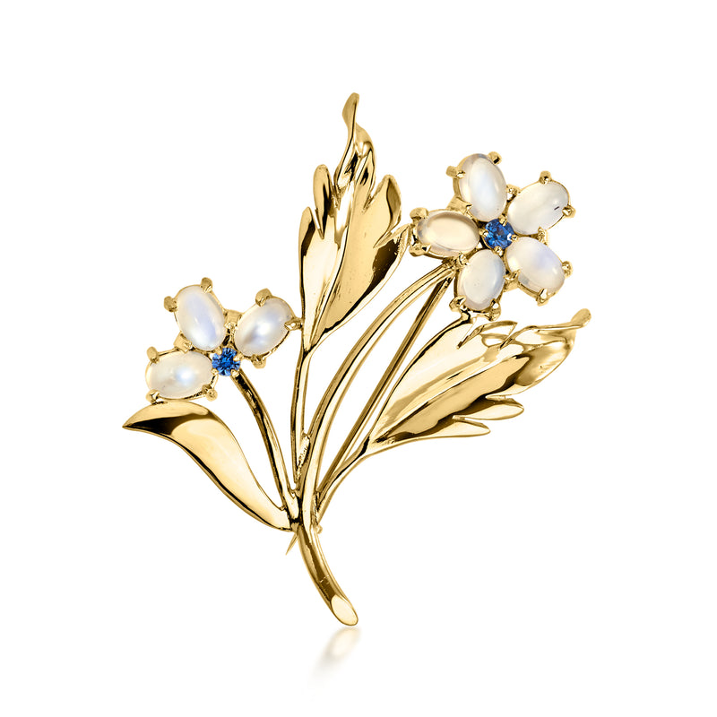 C. 1960 Vintage Moonstone and .20 ct. t.w. Sapphire Flower Pin in 14kt Yellow Gold