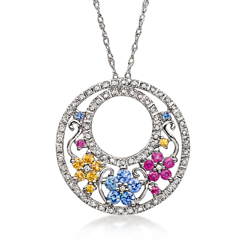 C. 2000 Vintage .65 ct. t.w. Multicolored Sapphire, .40 ct. t.w. Diamond and .30 ct. t.w. Ruby Floral Disc Pendant Necklace in 14kt White Gold. 16"