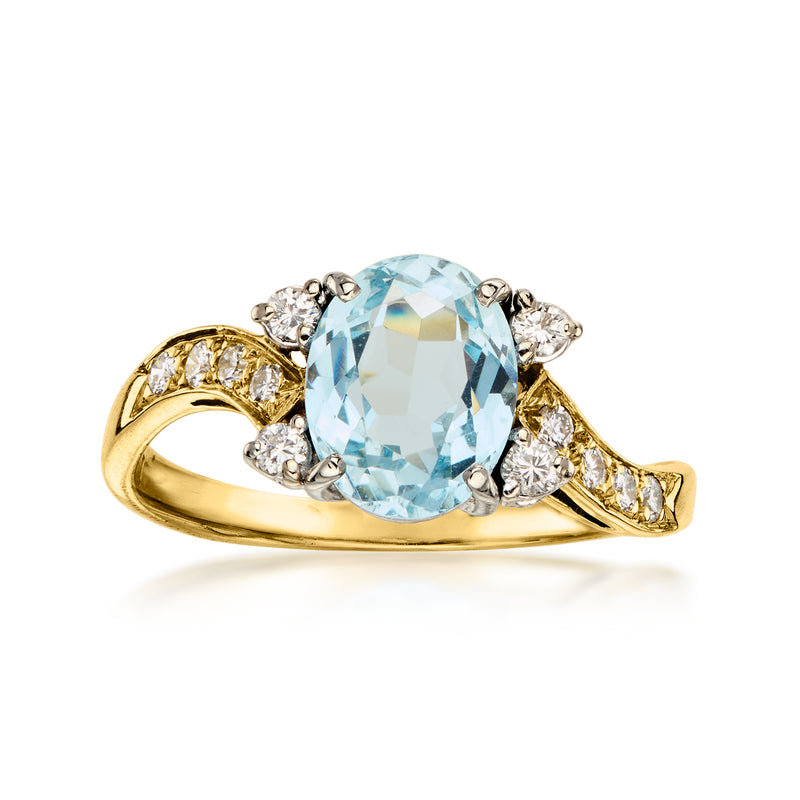 C. 1980 Vintage 1.70 Carat Aquamarine Ring with .25 ct. t.w. Diamonds in 18kt Yellow Gold. Size 7