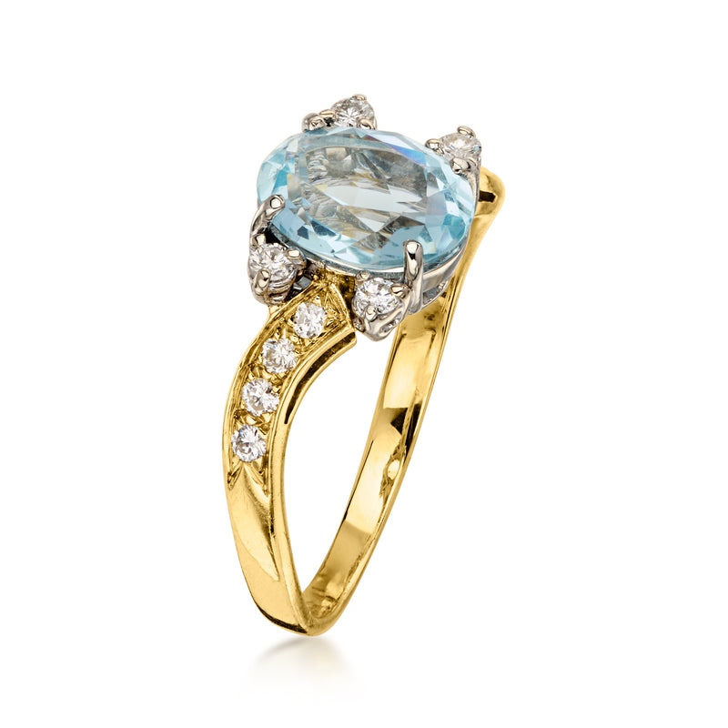 C. 1980 Vintage 1.70 Carat Aquamarine Ring with .25 ct. t.w. Diamonds in 18kt Yellow Gold. Size 7