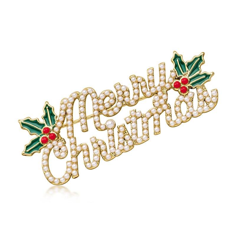 14kt Yellow Gold-Plated "Merry Christmas" Pin with Simulated Pearls