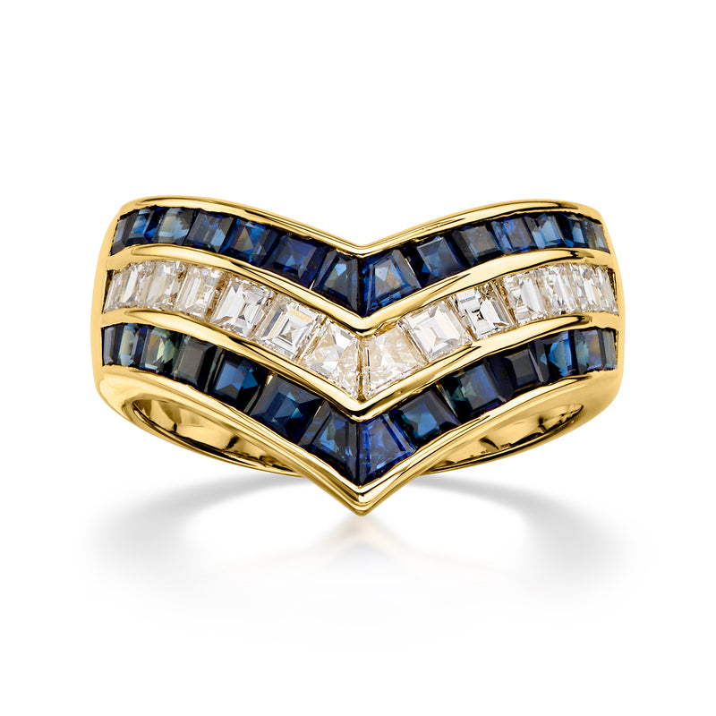 C. 1980 Vintage 1.61 ct. t.w. Sapphire and .65 ct. t.w. Diamond Chevron Ring in 18kt Yellow Gold. Size 5.5