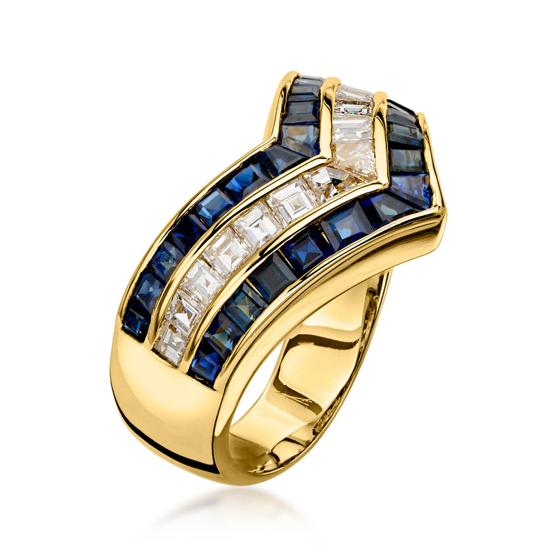 C. 1980 Vintage 1.61 ct. t.w. Sapphire and .65 ct. t.w. Diamond Chevron Ring in 18kt Yellow Gold. Size 5.5