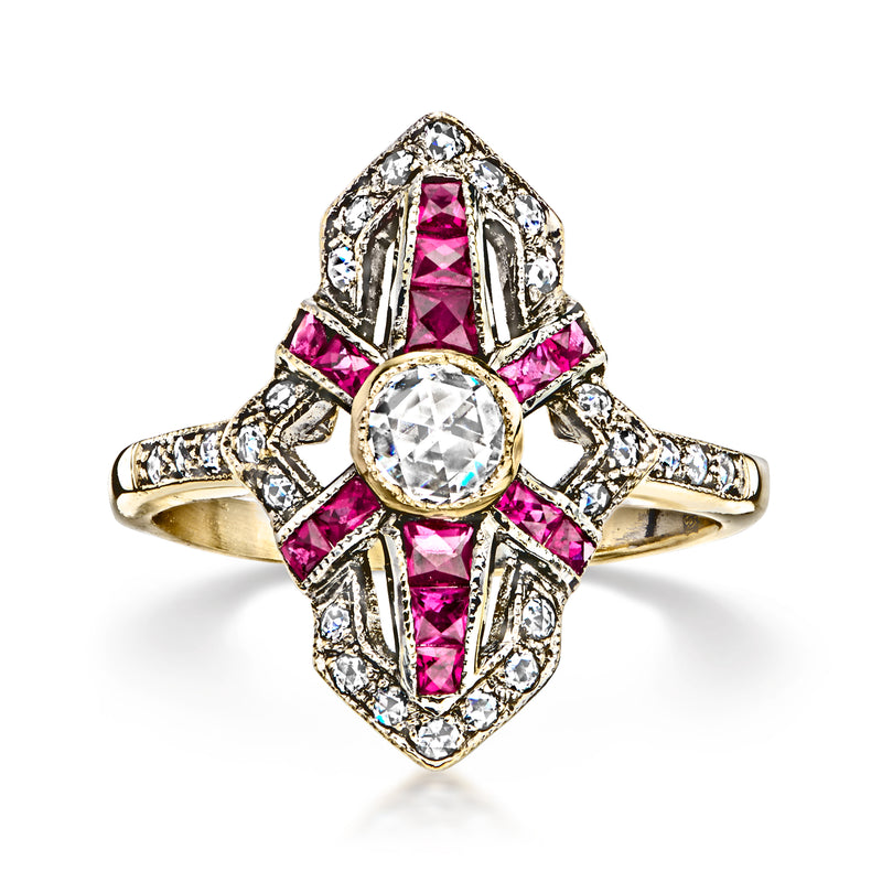 Vintage openwork ring in 18kt yellow gold with pink rubies and clear diamonds