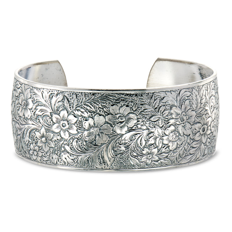Vintage sterling silver floral-etched cuff bracelet with wide band
