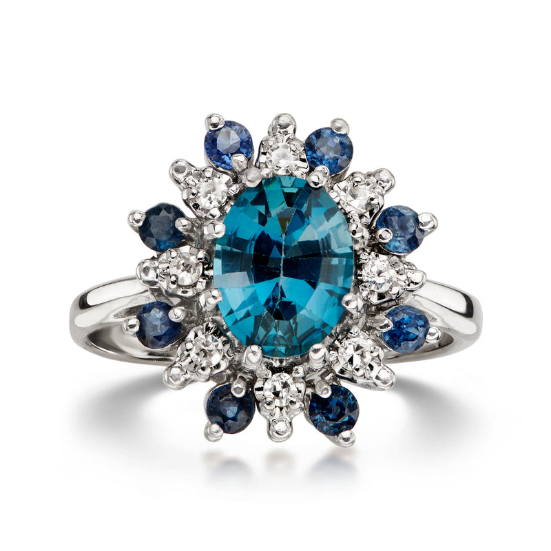 C. 1990 Vintage 1.75 Carat London Blue Topaz Ring with .55 ct. t.w. Sapphires and .15 ct. t.w. Diamonds in 14kt White Gold. Size 6.75