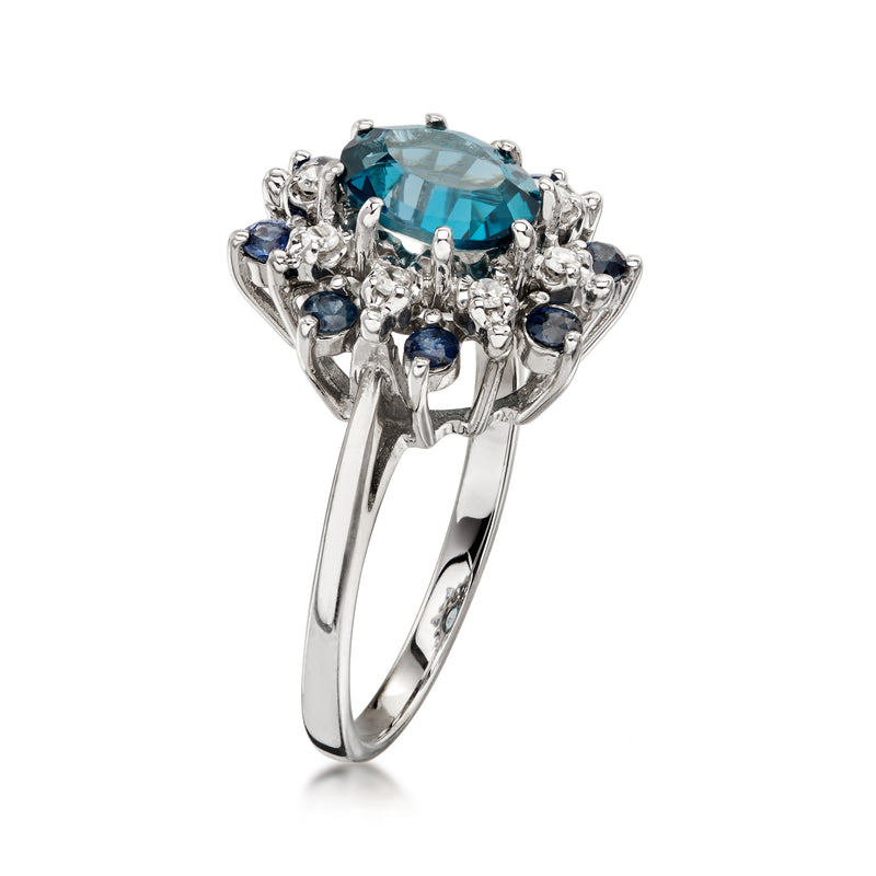 C. 1990 Vintage 1.75 Carat London Blue Topaz Ring with .55 ct. t.w. Sapphires and .15 ct. t.w. Diamonds in 14kt White Gold. Size 6.75