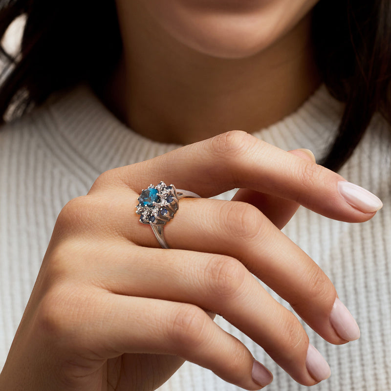 C. 1990 Vintage 1.75 Carat London Blue Topaz Ring with .55 ct. t.w. Sapphires and .15 ct. t.w. Diamonds in 14kt White Gold. Size 6.75