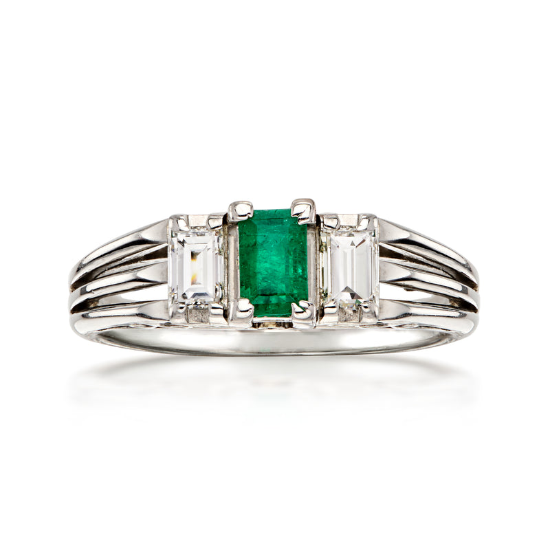 C. 1990 Vintage .39 Carat Emerald Ring with .40 ct. t.w. Diamonds in Platinum. Size 5.75
