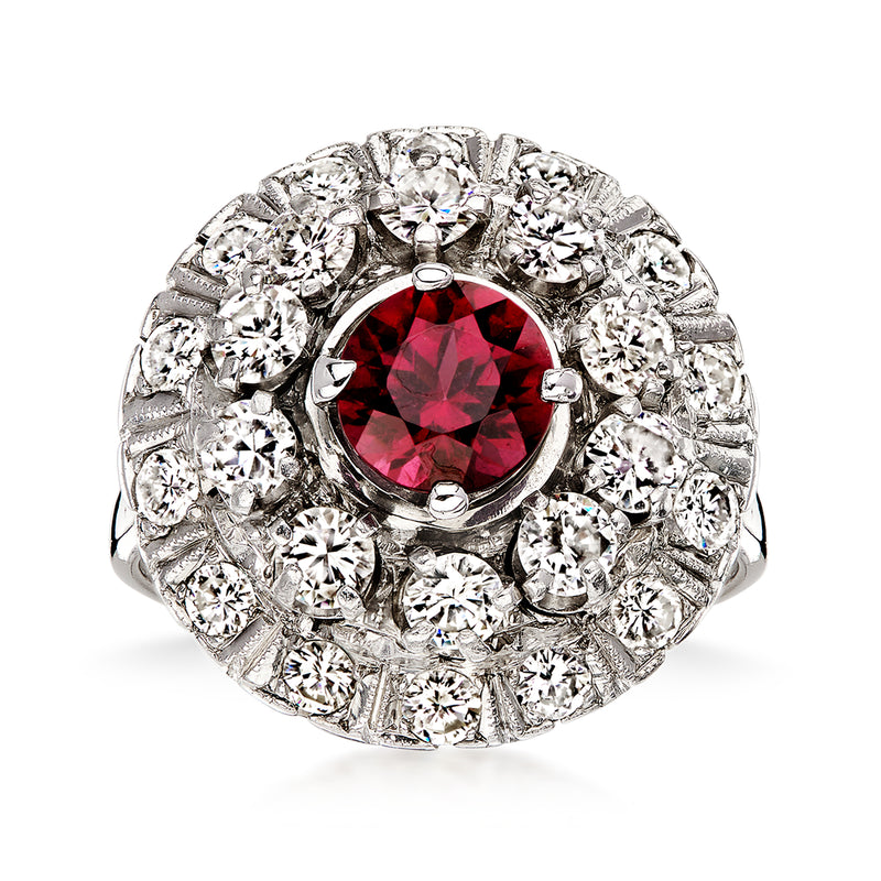 C. 1990 Vintage 1.25 Carat Rhodolite Garnet Ring with 1.70 ct. t.w. Diamonds in 14kt White Gold. Size 7