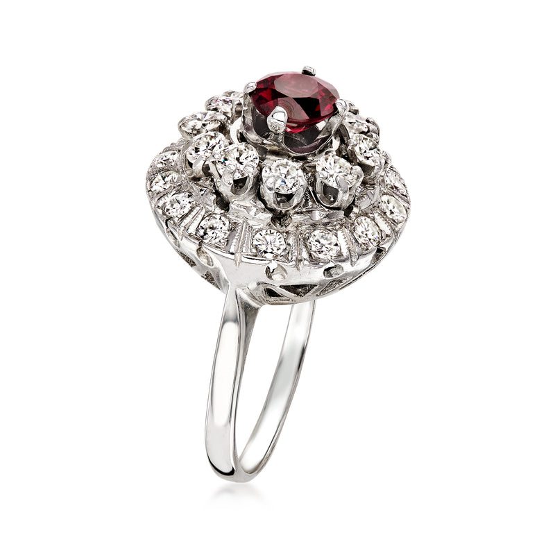 C. 1990 Vintage 1.25 Carat Rhodolite Garnet Ring with 1.70 ct. t.w. Diamonds in 14kt White Gold. Size 7