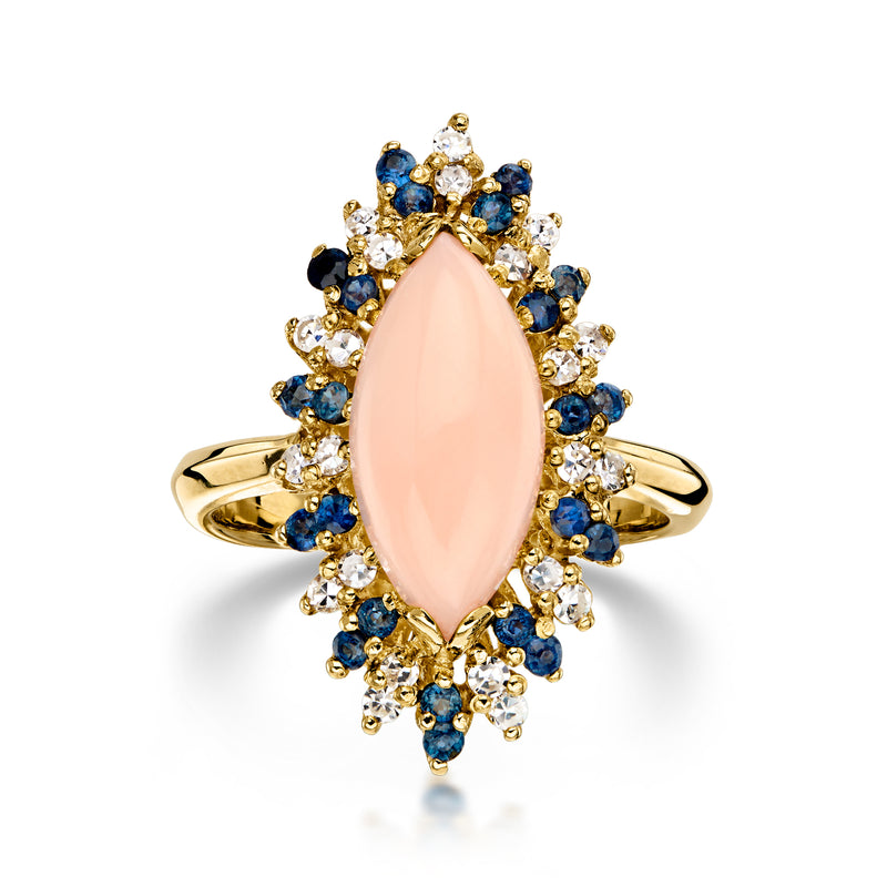 C. 1960 Vintage Pink Coral Navette Ring with .55 ct. t.w. Sapphires and .35 ct. t.w. Diamonds in 14kt Yellow Gold. Size 7.5