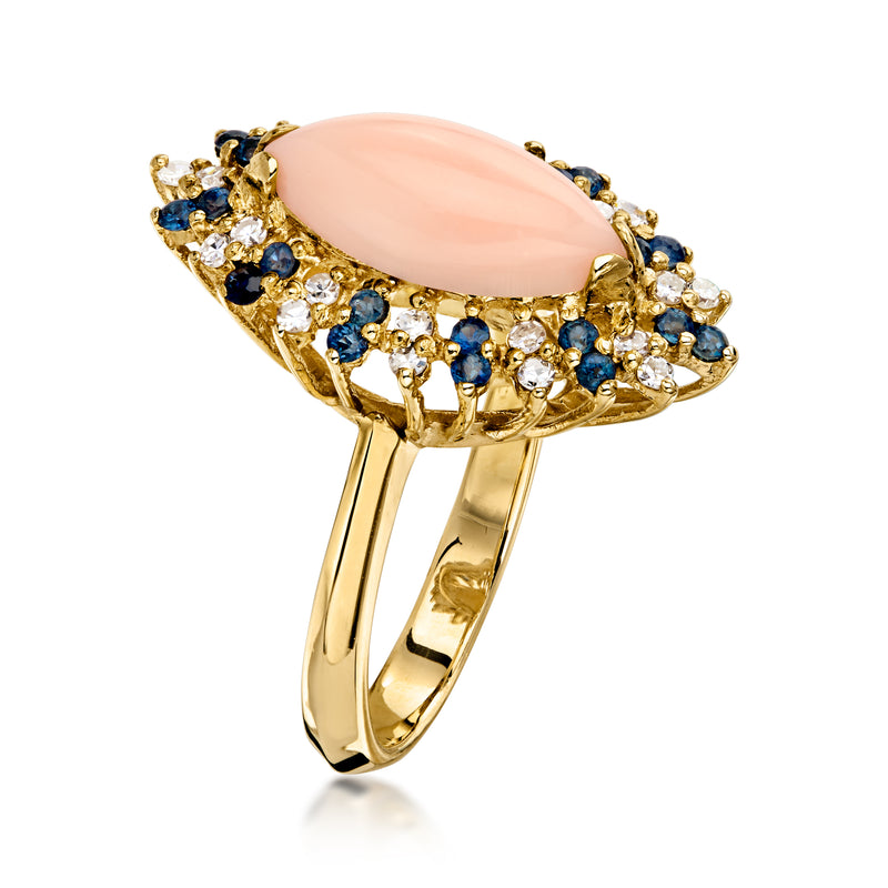 C. 1960 Vintage Pink Coral Navette Ring with .55 ct. t.w. Sapphires and .35 ct. t.w. Diamonds in 14kt Yellow Gold. Size 7.5