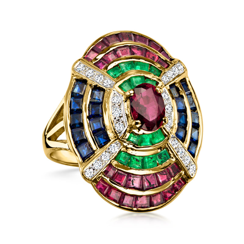 C. 1980 Vintage .75 Carat Ruby and 3.85 ct. t.w. Multi-Gemstone Ring with .25 ct. t.w. Diamonds in 18kt Yellow Gold. Size 6