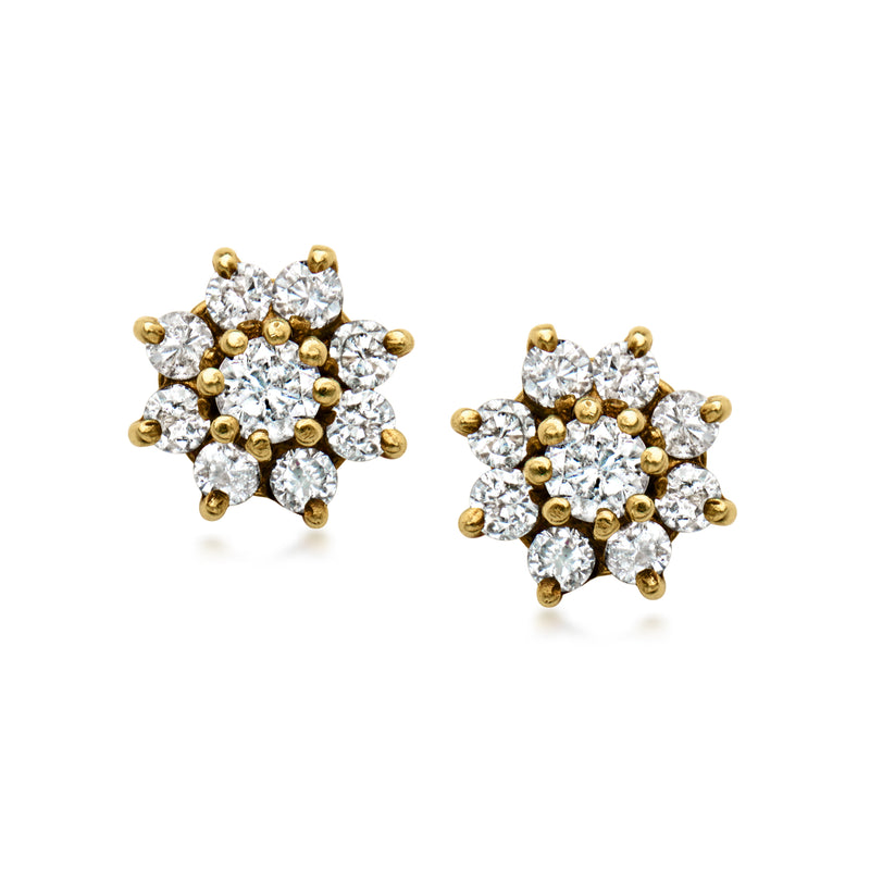 Yellow gold diamond cluster stud earrings with round stones and bead-like gold accents