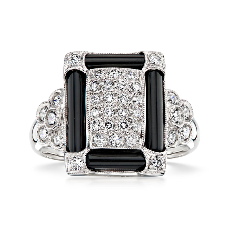 C. 2000 Vintage Onyx and .70 ct. t.w. Diamond Ring in Platinum. Size 6.5