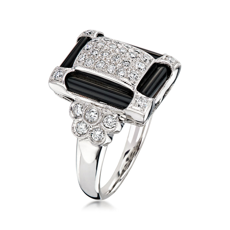 C. 2000 Vintage Onyx and .70 ct. t.w. Diamond Ring in Platinum. Size 6.5