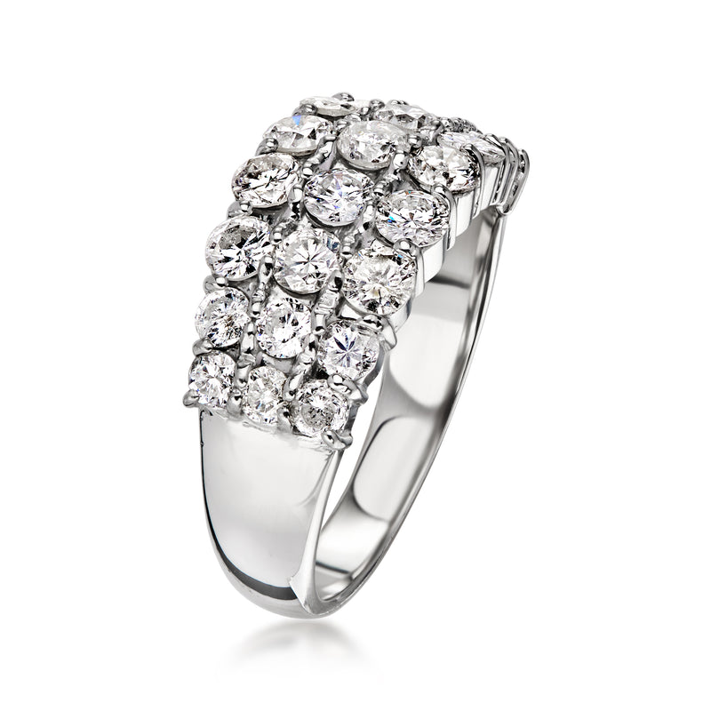 Platinum three-row diamond ring featuring prong-set round stones on the band