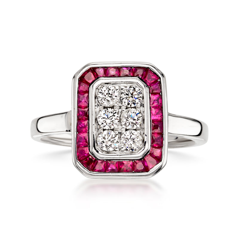 14kt white gold vintage ring with square ruby halo and diamond center
