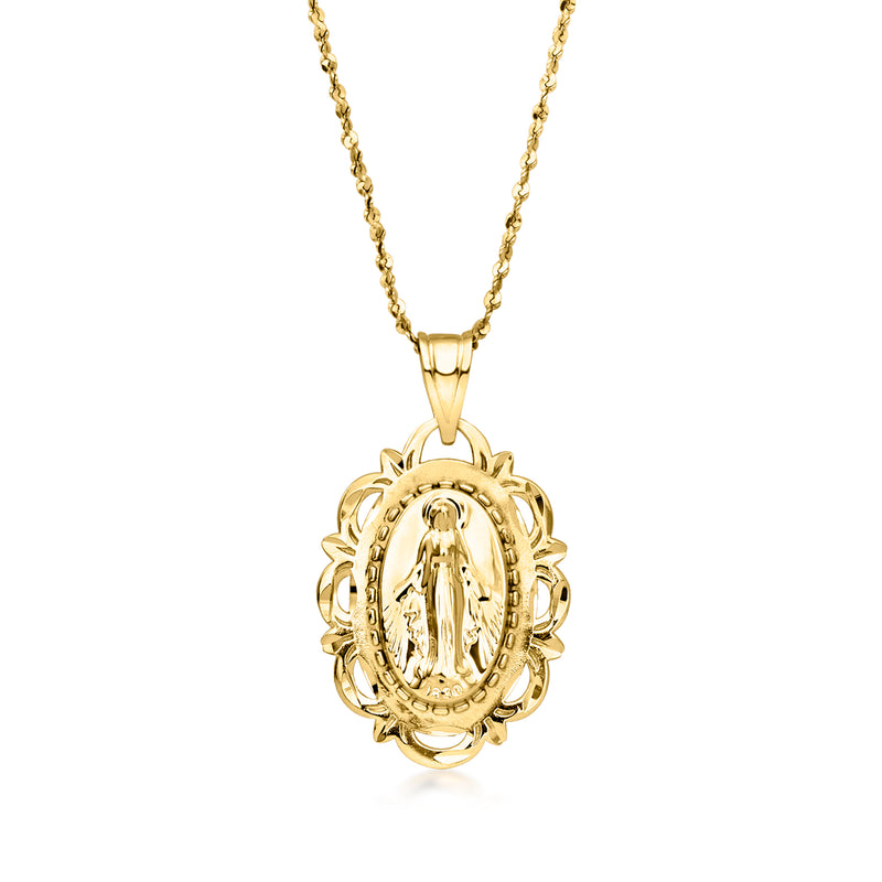 14kt yellow gold Virgin Mary pendant necklace with oval halo and roped chain