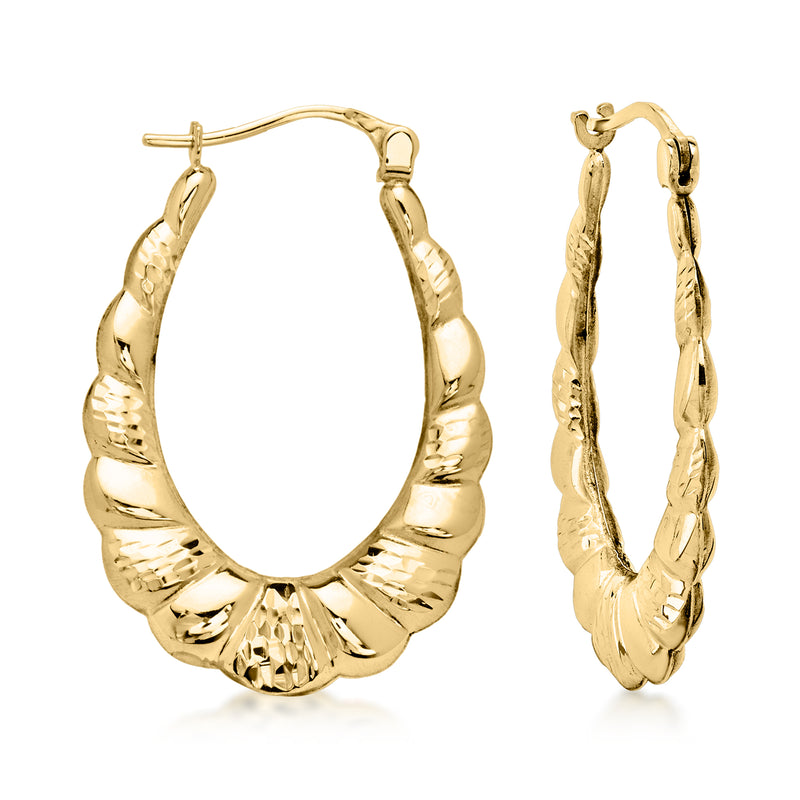 Oval scalloped 10kt yellow gold hoop earrings, textured rim detail, hinged clasp