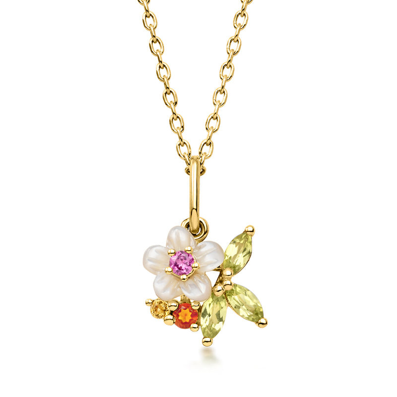 Mother-of-Pearl and .28 ct. t.w. Multi-Gemstone Flower Pendant Necklace in 18kt Gold Over Sterling. 16"