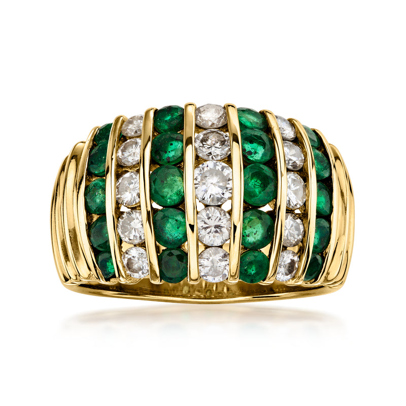 C. 1980 Vintage 1.30 ct. t.w. Emerald and 1.00 ct. t.w. Diamond Striped Ring in 14kt Yellow Gold. Size 7
