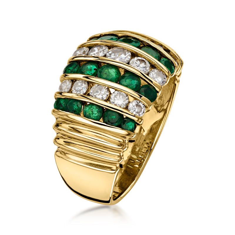 C. 1980 Vintage 1.30 ct. t.w. Emerald and 1.00 ct. t.w. Diamond Striped Ring in 14kt Yellow Gold. Size 7