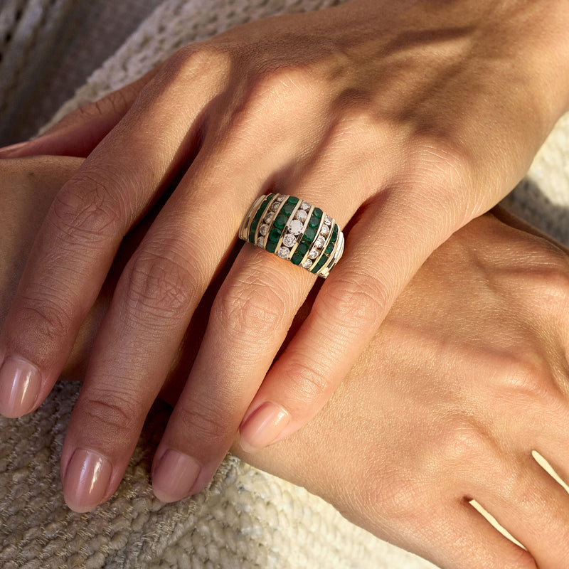 C. 1980 Vintage 1.30 ct. t.w. Emerald and 1.00 ct. t.w. Diamond Striped Ring in 14kt Yellow Gold. Size 7