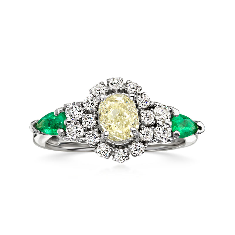 C. 2000 Vintage 1.30 ct. t.w. Yellow and White Diamond Ring with .40 ct. t.w. Emeralds in 14kt White Gold. Size 7.5