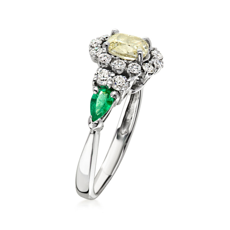 C. 2000 Vintage 1.30 ct. t.w. Yellow and White Diamond Ring with .40 ct. t.w. Emeralds in 14kt White Gold. Size 7.5