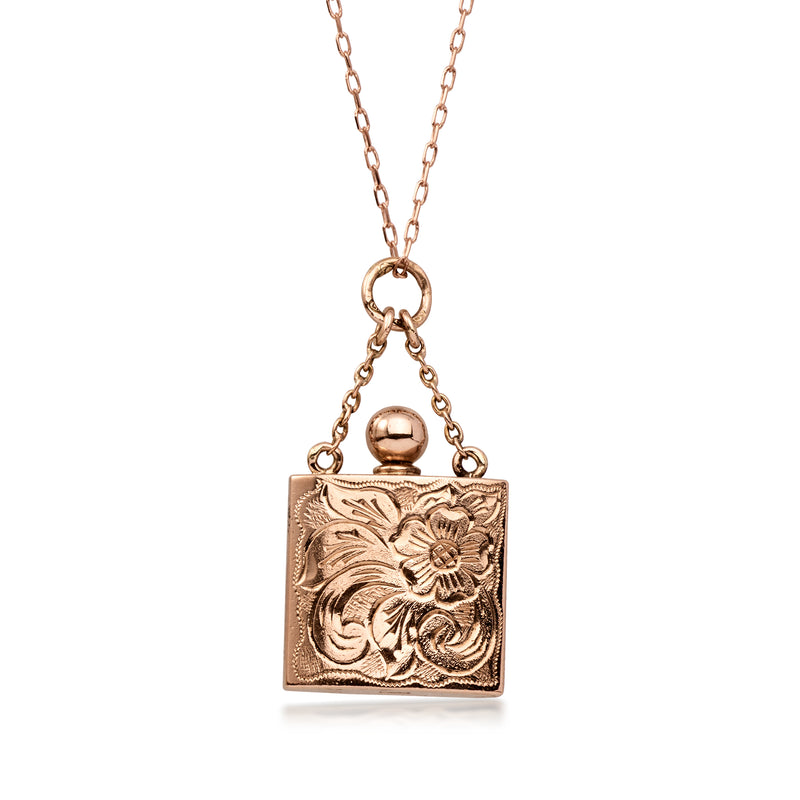 Rose gold perfume bottle pendant necklace with floral etched square locket