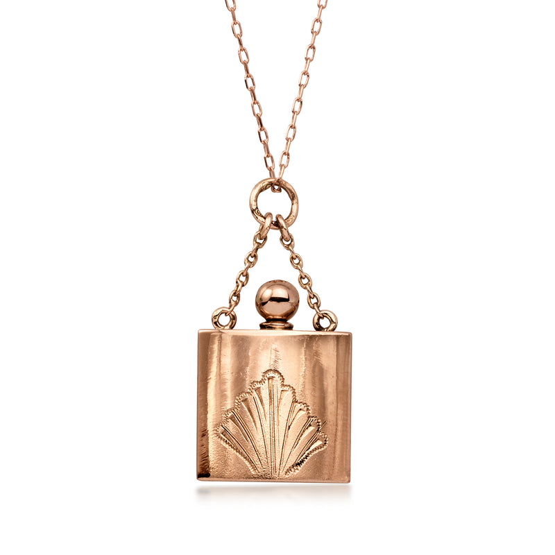 Rose gold perfume bottle pendant necklace with etched shell design square locket